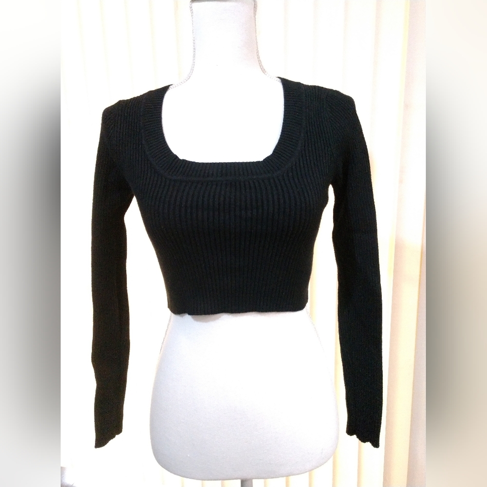 Shein CROP CROPPED Sweater Bodycon Black Ribbed Knit Long Sleeve Size Small